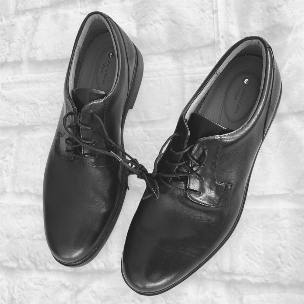 Unstructured By Clarks Black Leather Oxfords Lace Up Men’s With Polished Finish